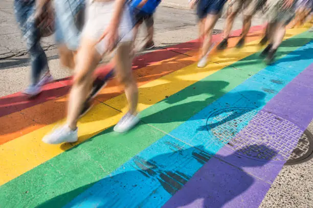 Gay pride flag crosswalk in Montreal gay village