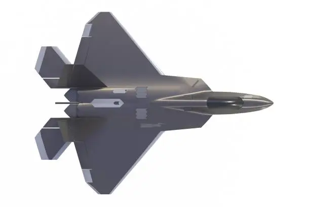 Top view of F22, american military fighter plane on white background, 3D rendering