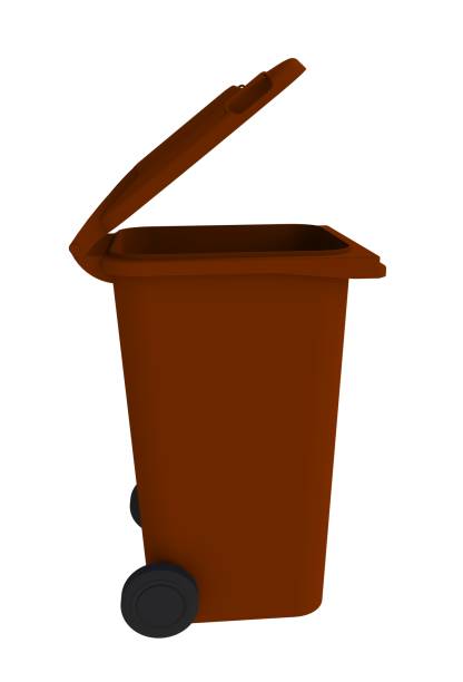 istock Beside view of brown garbage wheelie bin with a open lid on a white background, 3D rendering 839794414