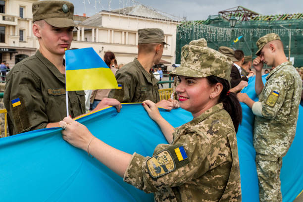 ウージュホロド ウクライナの州の旗の日のお祝い - peace symbol flash ストックフォトと画像