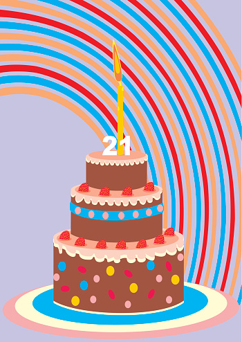 Birthday cake with candle. Twenty one year. Chocolate cake with fruit. Birthday wish. Postcard. Vector icon.