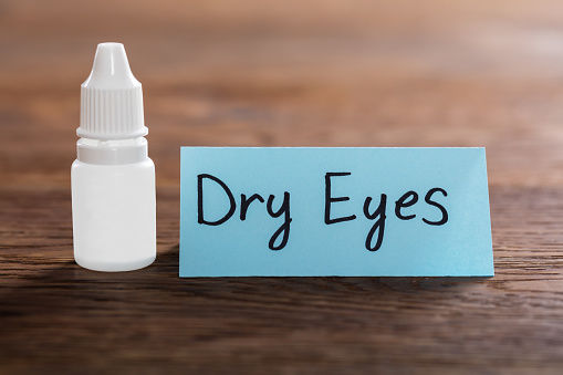 Dry Eyes Concept With Eye Drops On Wooden Desk