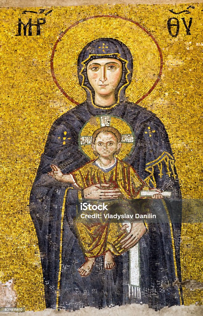 Byzantine mosaic in the interior of Hagia Sophia in Istanbul, Turkey The Virgin Mary holding the Christ Child easter Byzantine mosaic Interior Hagia Sophia, Aya Sofya museum in Istanbul Turkey Religious Icon Stock Photo