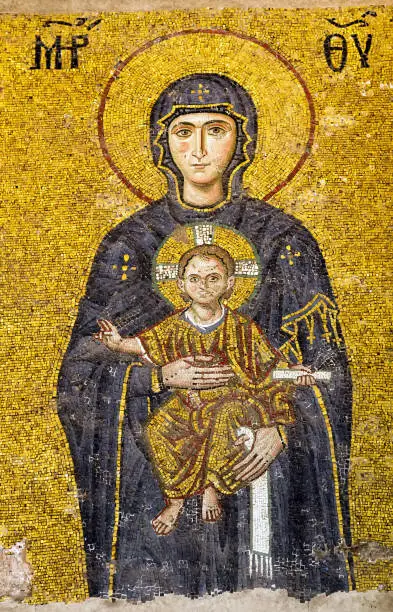 The Virgin Mary holding the Christ Child easter Byzantine mosaic Interior Hagia Sophia, Aya Sofya museum in Istanbul Turkey
