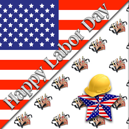 Happy Labor Day, hard hat, 3D, Bright colors, Bright shiny text. American Holiday in the colors red, white, yellow and blue.