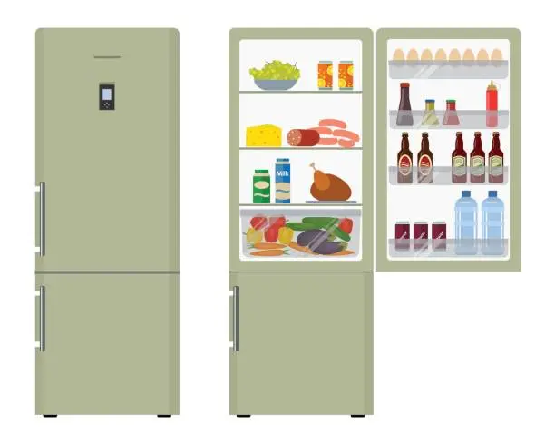 Vector illustration of Green fridge with open doors, a full of food