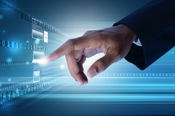 istock Man showing networking with virtual display in color background 839830536