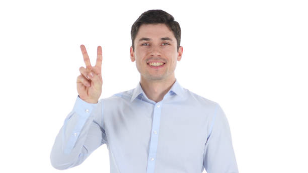 istock Victory Sign by Handsome Businessman, White Background 839831040