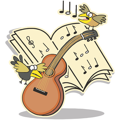 Guitar, music book and birds. Vector icon. Funny illustration.