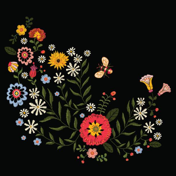 Embroidery native pattern with simplify flowers and bee. Embroidery native pattern with simplify flowers and bee. Vector embroidered traditional floral bouquet. Tribal style design for fashion wearing. embroidery stock illustrations