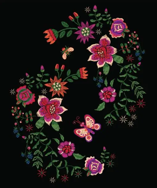 Vector illustration of Embroidery folk pattern with fantasy simplify flowers, bee and butterfly.