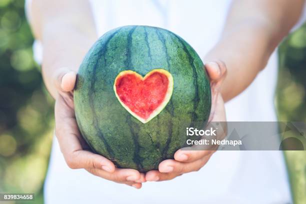 Watermelon With Heart Shape Stock Photo - Download Image Now - Heart Shape, Watermelon, Adult