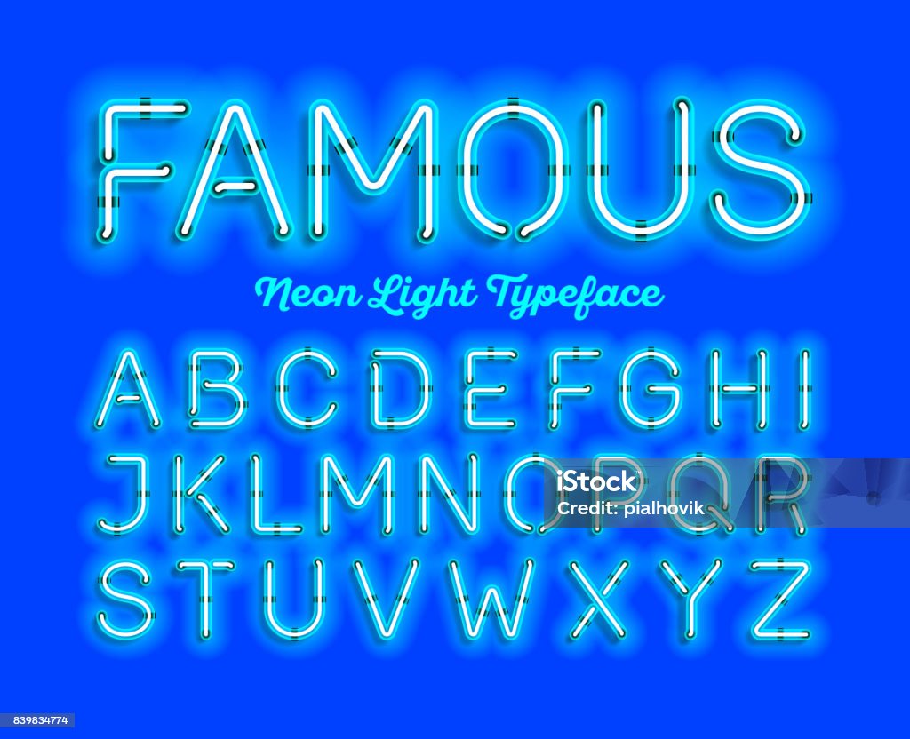 Modern neon light font Famous, neon light typeface. Modern neon tube glow font, vector illustration Neon Lighting stock vector