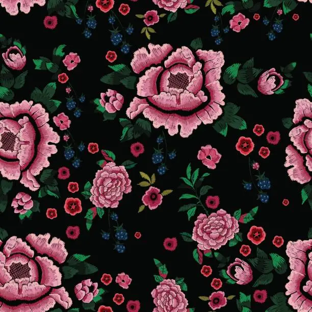 Vector illustration of Embroidery traditional seamless pattern with blackberry and peonies.