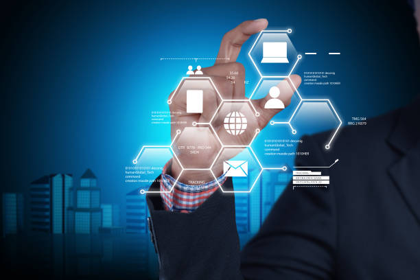 istock Man showing networking with virtual display in color background 839836884