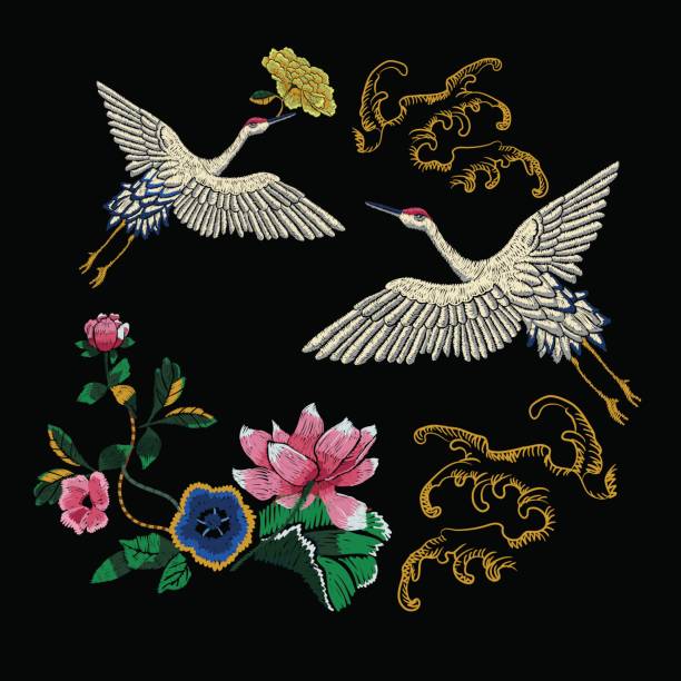 istock Embroidery oriental folk pattern with cranes, waves and lotus flowers. 839836896