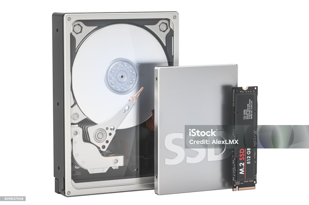 Solid state drive SSD, Hard Disk Drive HDD and M2 SSD, 3D rendering isolated on white background Hard Drive Stock Photo