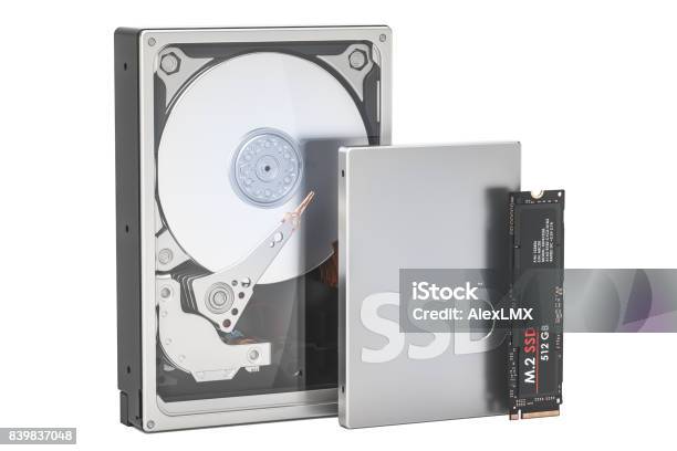 Solid State Drive Ssd Hard Disk Drive Hdd And M2 Ssd 3d Rendering Isolated On White Background Stock Photo - Download Image Now