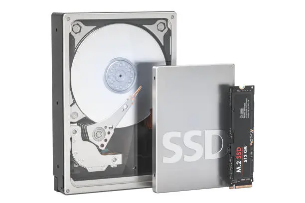 Solid state drive SSD, Hard Disk Drive HDD and M2 SSD, 3D rendering isolated on white background
