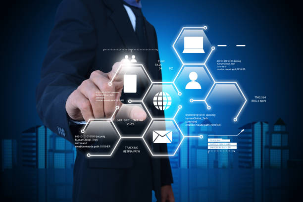 istock Man showing networking with virtual display in color background 839837440