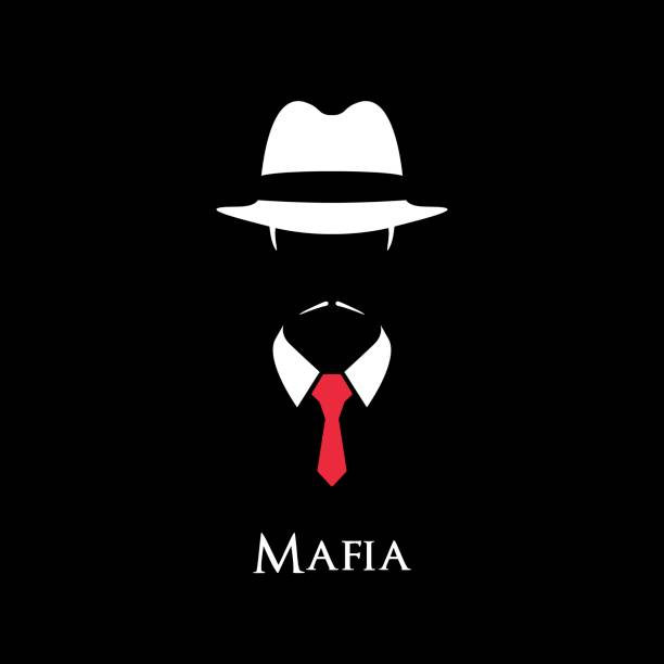 White Silhouette of an Italian Mafia with a red tie on a black background. White Silhouette of an Italian Mafia with a red tie on a black background. mafia boss stock illustrations
