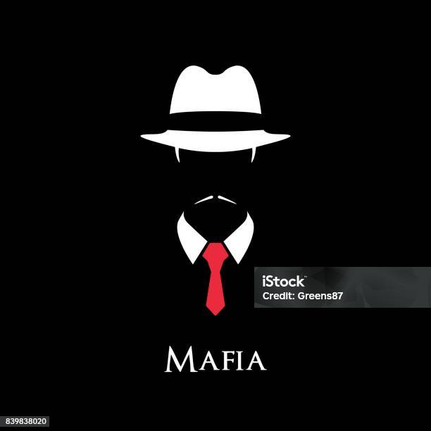 White Silhouette Of An Italian Mafia With A Red Tie On A Black Background Stock Illustration - Download Image Now