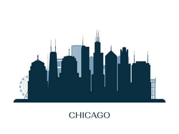 panorama chicago, monochromatyczna sylwetka. ilustracja wektorowa. - chicago stock illustrations