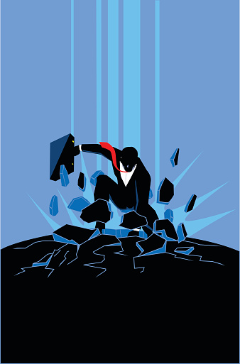A vector silhouette illustration of a businessman in superhero landing situation, damaging the ground. Wide space available for your copy.