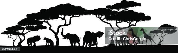 Silhouette African Safari Animal Landscape Scene Stock Illustration - Download Image Now - Africa, Animal, Animal Themes