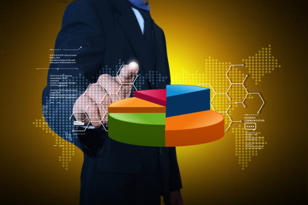 istock Business man showing pie chart in color background 839846436
