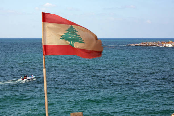 lebanese flag waving in the wind - lebanese flag imagens e fotografias de stock