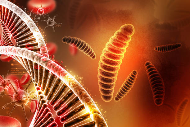 istock Moving virus with dna and platelets in color background 839852114