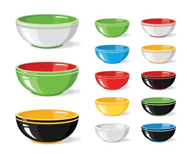 Vector illustration of Vector illustration set of food icons. Different colourful empty bowls isolated on a white background. Cooking collection. Kitchen objects for your design