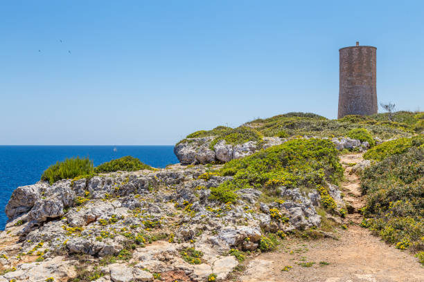 View of the Torre del Serral dels Falcons near the town of Porto Cristo. stock photo