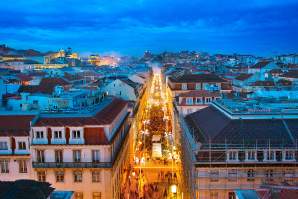 Aerial view of Augusta street and the Old Town of Lisbon at twilight. Portugal