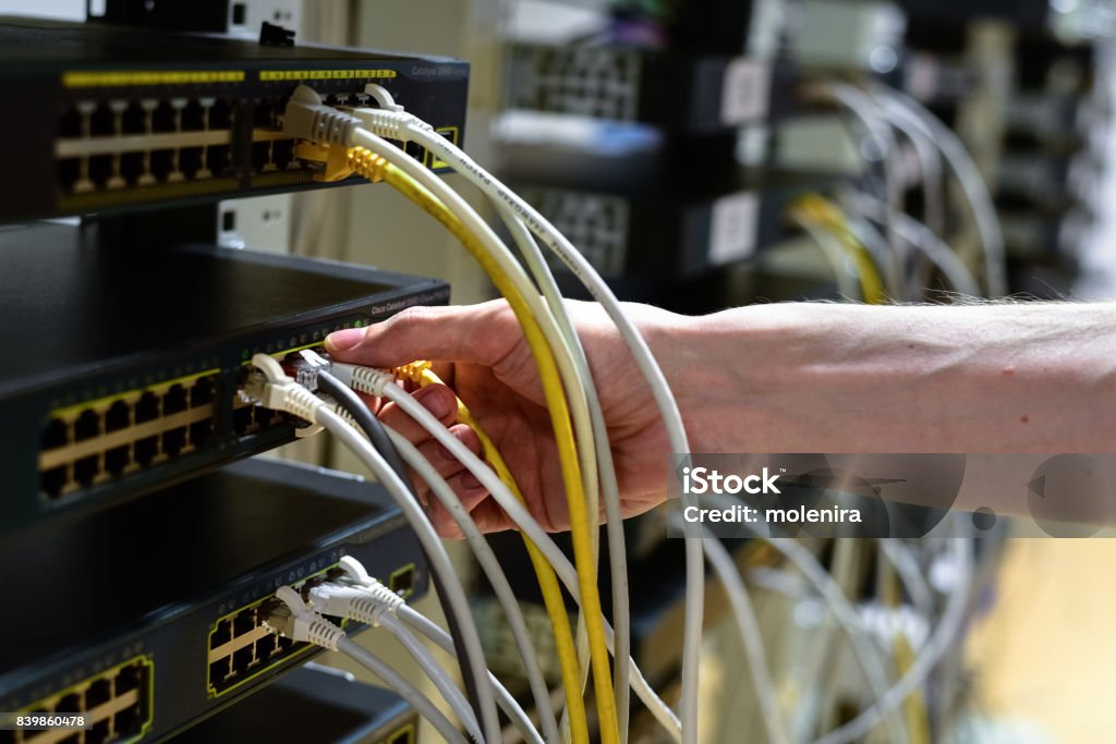 Hand with rj45 cable Hand with rj45 cable and network equipment on background Blue Stock Photo