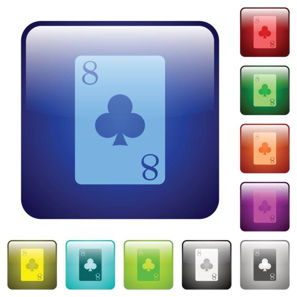 osiem klubów karty kolor kwadratowe przyciski - rummy leisure games number color image stock illustrations