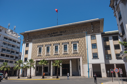 Casablanca, Morocco - May 7, 2017:  Bank al Maghrib historical building in Casablanca city center, Morocco, Africa