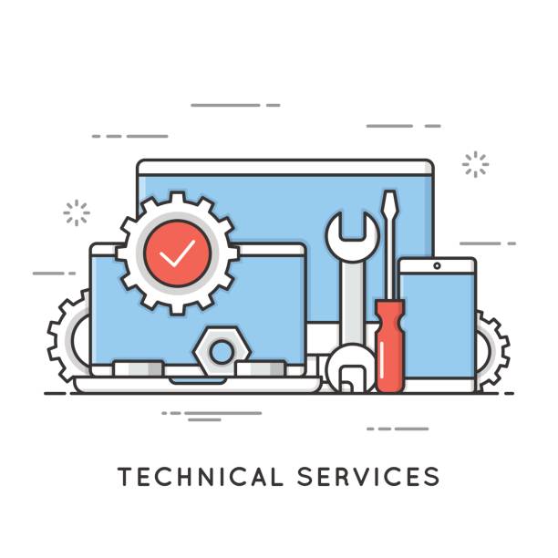 Technical services, computer repair, support. Flat line art style concept. Editable stroke. Technical services, computer repair, support. Flat line art style concept. Vector banner, icon, illustration. Editable stroke. maintenance support stock illustrations
