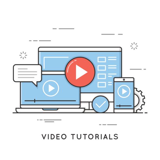 Video tutorials, online training and learning, webinar, distance education. Editable stroke. Video tutorials, online training and learning, webinar, distance education. Flat line art style concept. Vector banner, icon, illustration. Editable stroke. contented emotion illustrations stock illustrations
