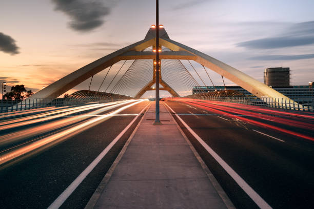 Zaragoza, Spain - May 23, 2016: Third millennium bridge at sunset. This bridge was built in 2008 for the international EXPO