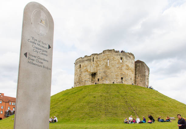 York: Clifford's Tower at York city center on a green grass hill and pedestrian road sign
