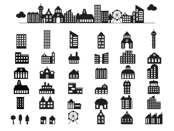 ilustraciones, imágenes clip art, dibujos animados e iconos de stock de siluetas de ilustración del edificio - metropolis building