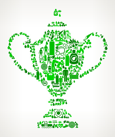 Trophy Health and Wellness Icon Set Background Pattern . This vector graphic composition features the main object composed of health and wellness icons. The icons vary in size and shades of green color. The vector icons form a seamless pattern to form the object. The background is white with a slight gradient. The icons include such popular healthcare and wellness icons as fitness, water, people exercising, massage, stretching, yoga and many more. You can use this entire composition or each icon can also be used separately and as not part of the icon set.