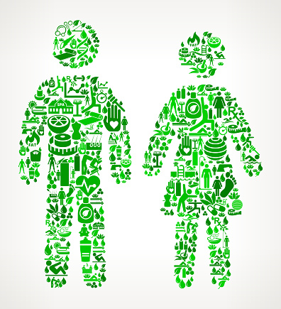Couple  Health and Wellness Icon Set Background Pattern . This vector graphic composition features the main object composed of health and wellness icons. The icons vary in size and shades of green color. The vector icons form a seamless pattern to form the object. The background is white with a slight gradient. The icons include such popular healthcare and wellness icons as fitness, water, people exercising, massage, stretching, yoga and many more. You can use this entire composition or each icon can also be used separately and as not part of the icon set.