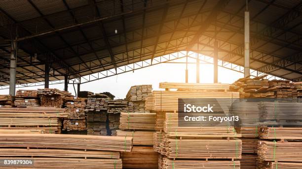 Wood Factory Stock And Lumber Board Stock Photo - Download Image Now - Timber, Factory, Industry