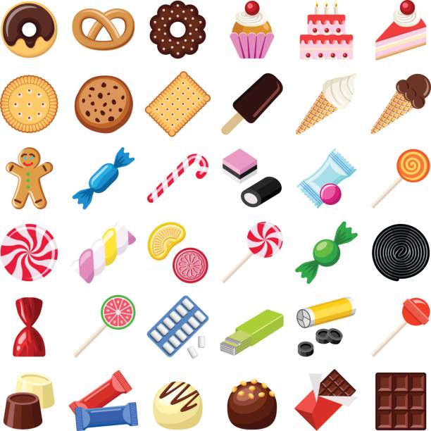 Cookie and candy Cookie and candy collection - vector color illustration chocolate pieces stock illustrations