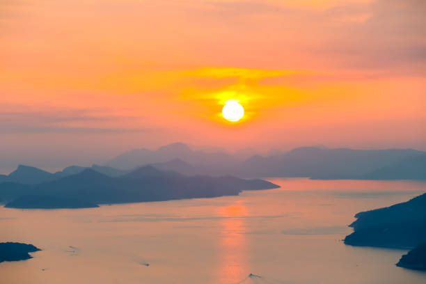 A view of Elafiti islands in the Adriatic sea next to Dubrovnik at sunset.