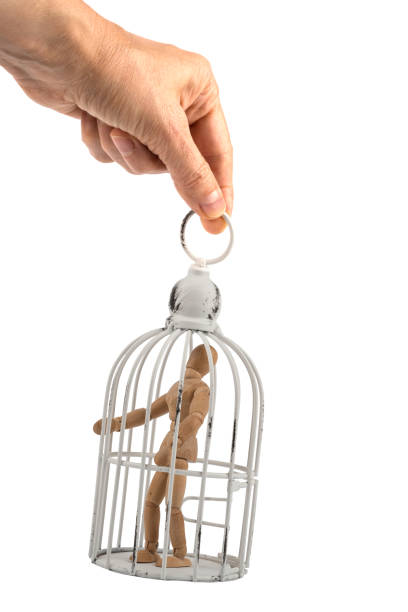 Wooden mannequin in cage / trap or prison
