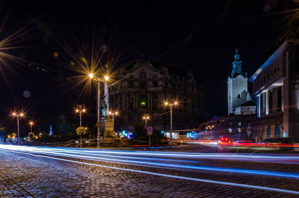 istock Night Lviv cityscape with long exposure in Ukraine 839892778